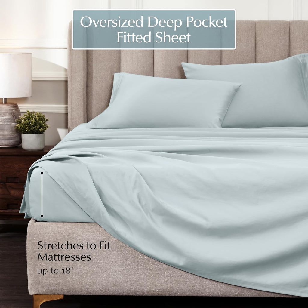 Superior Egyptian Cotton 4 Piece Sheet Set, Luxury 1000 Thread Count, Eco-Friendly, Sustainable Sheets, Ultra-Soft Basics, Solid, Deep Pocket Fitted Sheet, Flat Sheet, Pillowcases, Queen, Baby Blue
