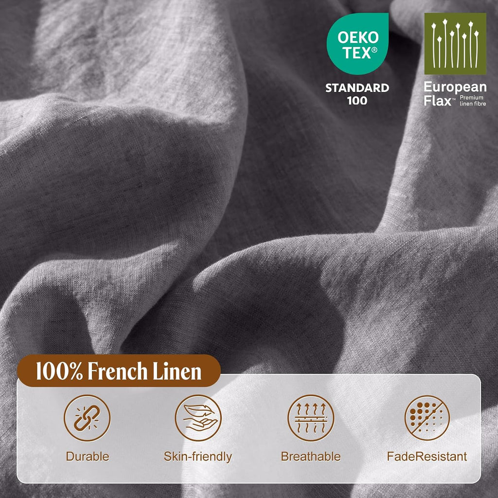 LBRO2M 100% France Linen Duvet Cover Set 3 Pcs Including 1 Flax Comforter Cover with Zipper Closure, 2 Pillowcase, Cozy Duvet Cover Queen Size, Dark Gray