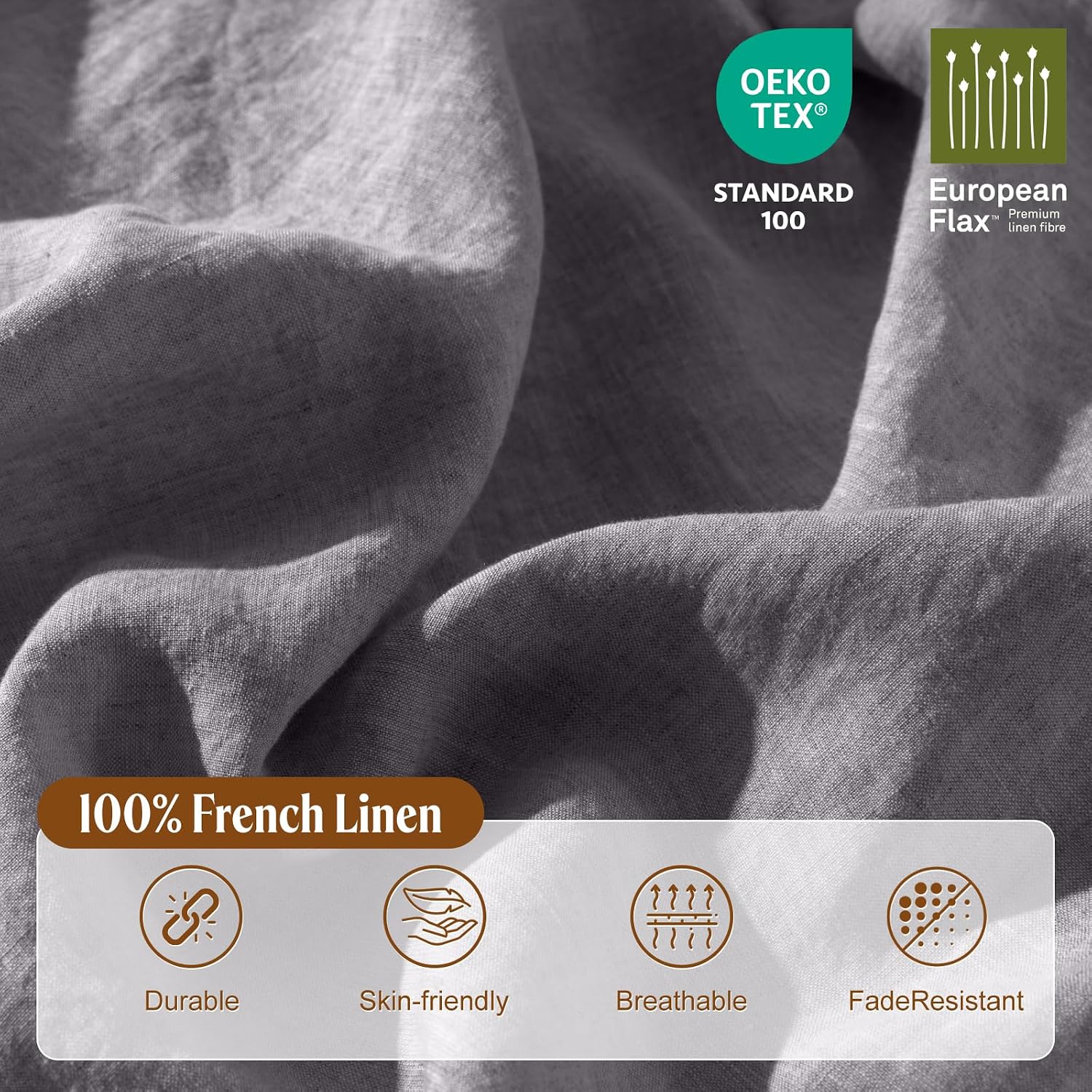 LBRO2M 100% France Linen Duvet Cover Set 3 Pcs Including 1 Flax Comforter Cover with Zipper Closure, 2 Pillowcase, Cozy Duvet Cover Queen Size, Dark Gray