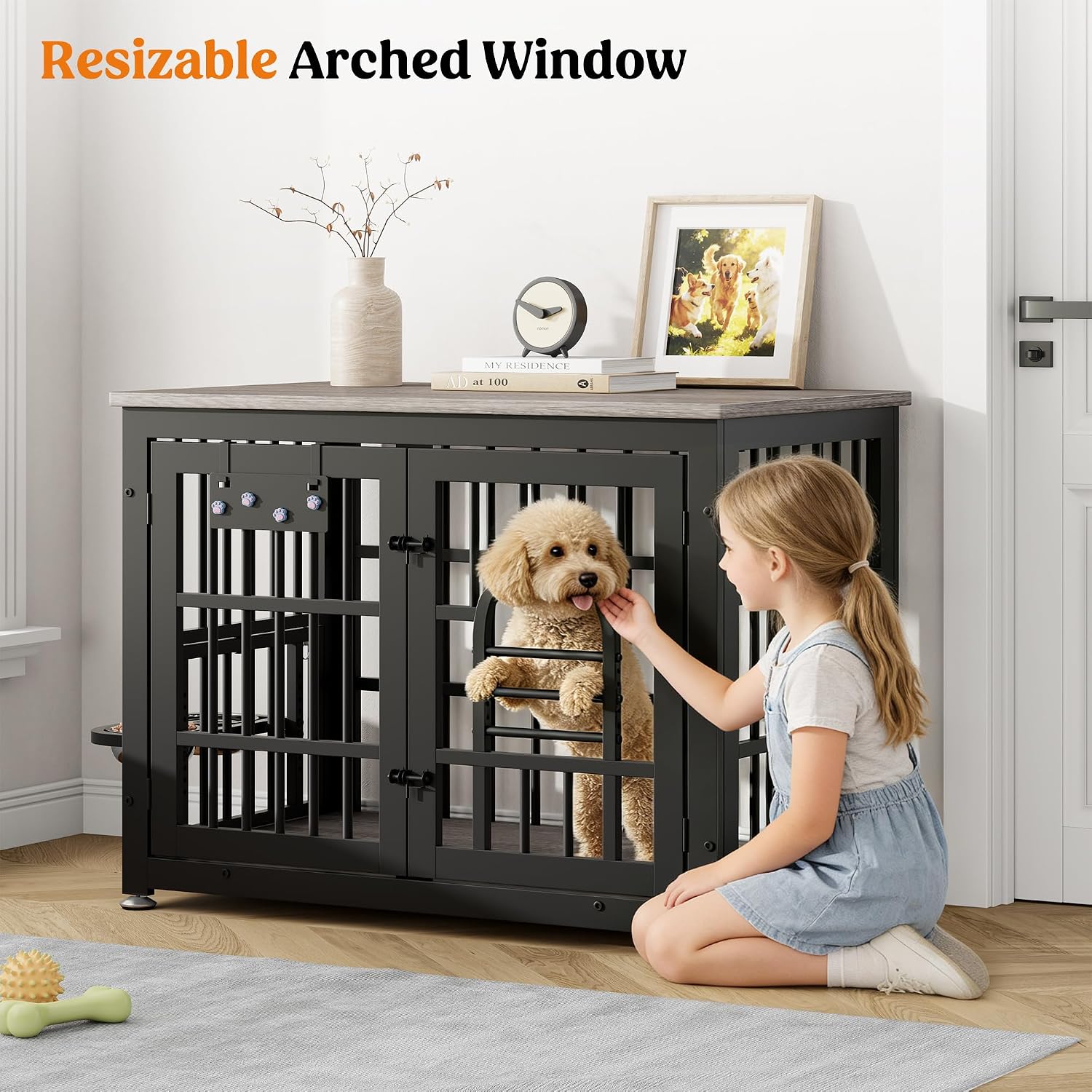 Lulive Dog Crate Furniture 37.8' Wooden Dog Kennel Table with Bowls Heavy Duty Dog Crates for Small/Medium/Large Dogs, Dog Kennel Furniture Indoor as TV Stand End Table,Grey
