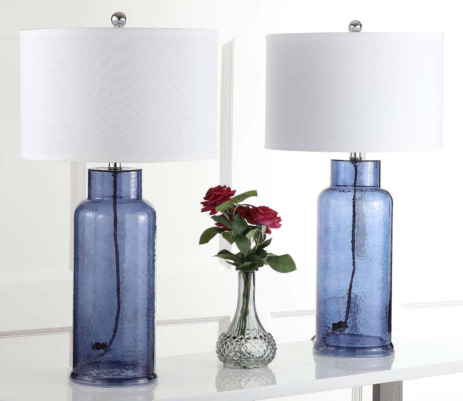 SAFAVIEH Lighting Collection – Set of 2 Glass Bottle Blue 30-Inch Table Lamps, LED Bulbs Included, Coastal Bedroom Living Room Home Office (LIT4157C-SET2)
