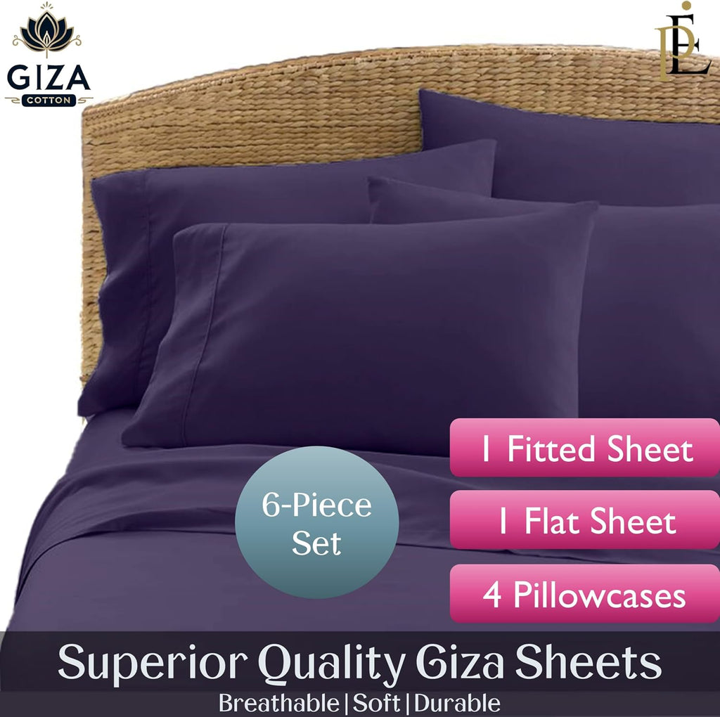 100% Giza Cotton, 1000 Thread Count, 6-PC Bed Sheet Set [Queen Size, Plum Color] 18 inches Deep Pockets, Long Staple Cotton Breathable Soft Silky Sateen Weave