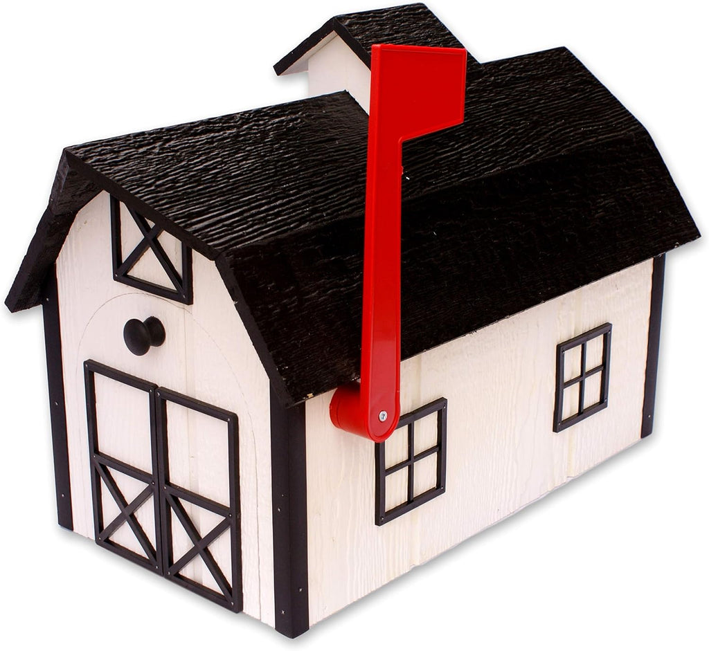 AmishToyBox Deluxe Wooden Mailbox, Dutch Barn Style with Rustic Cupola (White with Black Trim), Amish-Made