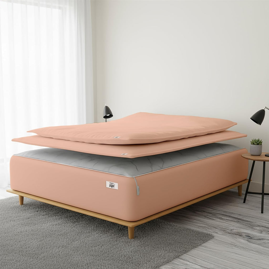 COTTON STICH 600 TC Zipper Fitted Sheet, 100% Egyptian Cotton, 18' Deep Pocket, Easy Zip Change, All-Around Secure Fit - Queen Size Bed - Blush