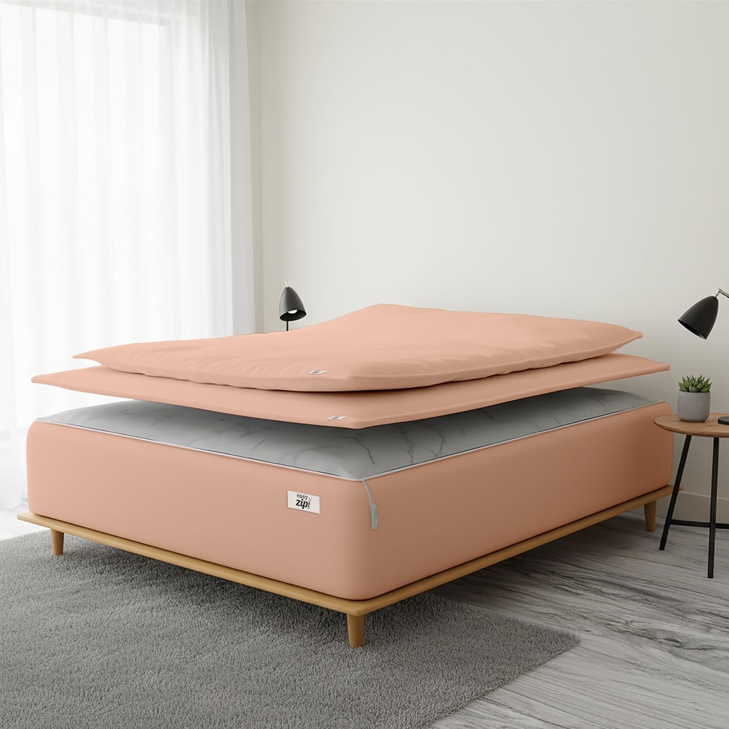 COTTON STICH 600 TC Zipper Fitted Sheet, 100% Egyptian Cotton, 18' Deep Pocket, Easy Zip Change, All-Around Secure Fit - Queen Size Bed - Blush