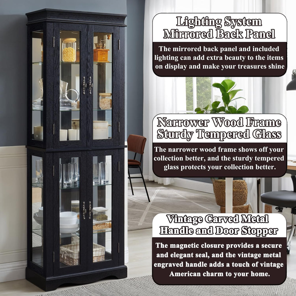 70'H Lighted Wooden Curio Cabinet, Freestanding Glass Display Case with Tempered Glass Door,Adjustable Shelves and Mirrored Back Panel, Decorative Storage Cabinet for Living Room,Office (Black)
