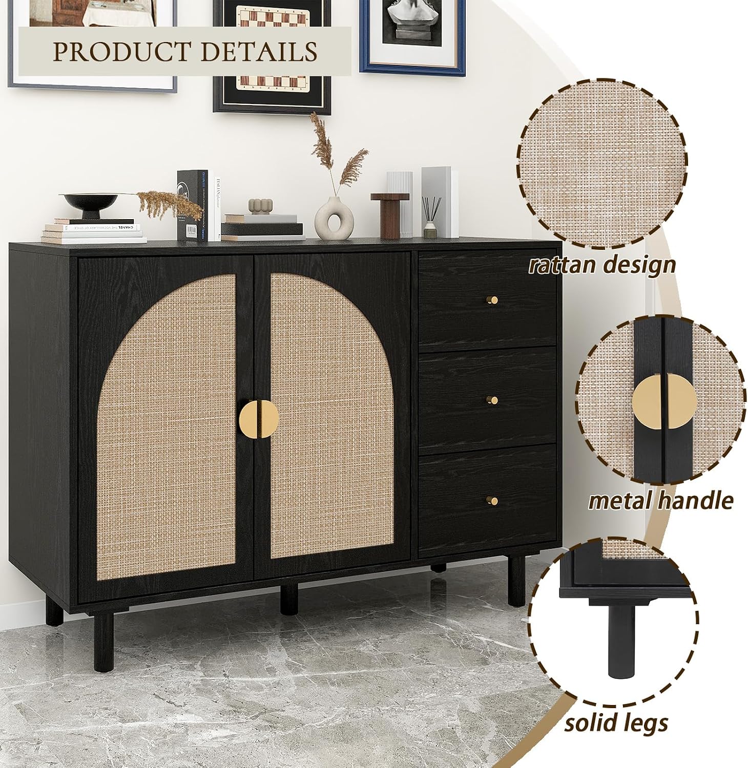 Black 44.8'' Modern Rattan Sideboard Buffet with 2 Door 3 Draw, Minimalist Cabinet for Living/Kitchen/Hallway Storage,Multi-Scene (TV Stand/Buffet), Boho/Scandinavian Style