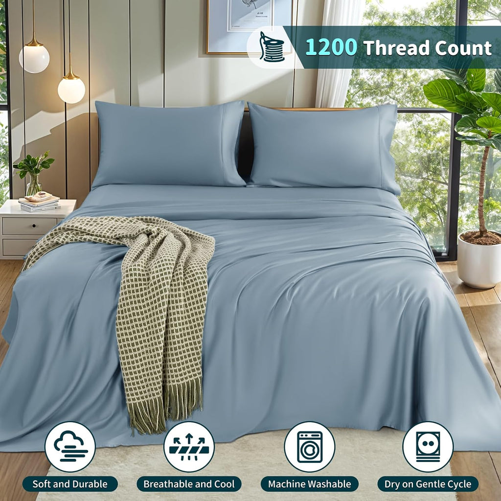 LBRO2M 100% Cotton 1200 Thread Count Queen Size Sheets Set,16 inches Deep Pocket,Bed Sheet 4 Piece Sets (Queen, French Blue)