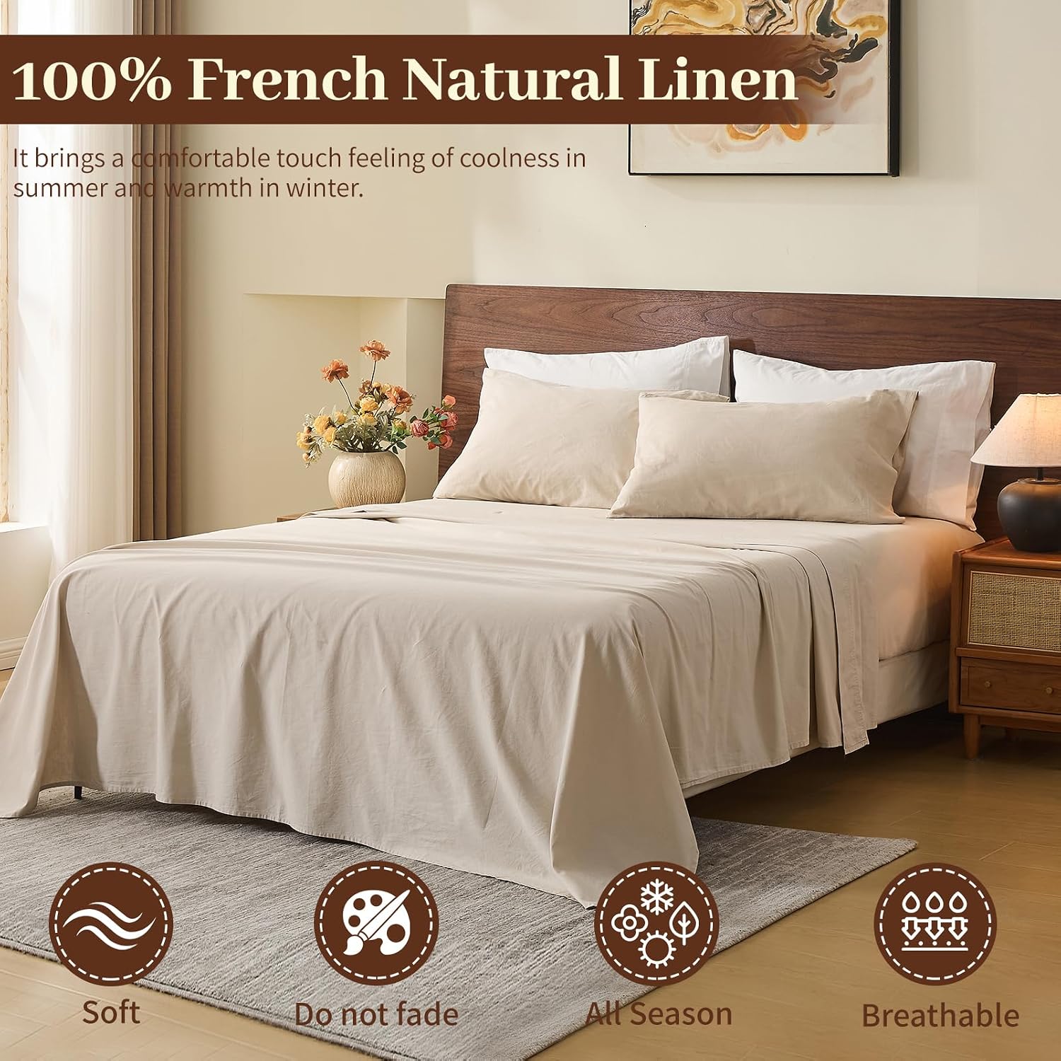 MEISHANG 100% French Pure Linen Sheets California King - Bed Sheets 4 Piece Sets, Soft Durable Flax Linen, Anti-Tear Breathable Oeko-Tex Certified with 16' Deep Pocket (Linen)