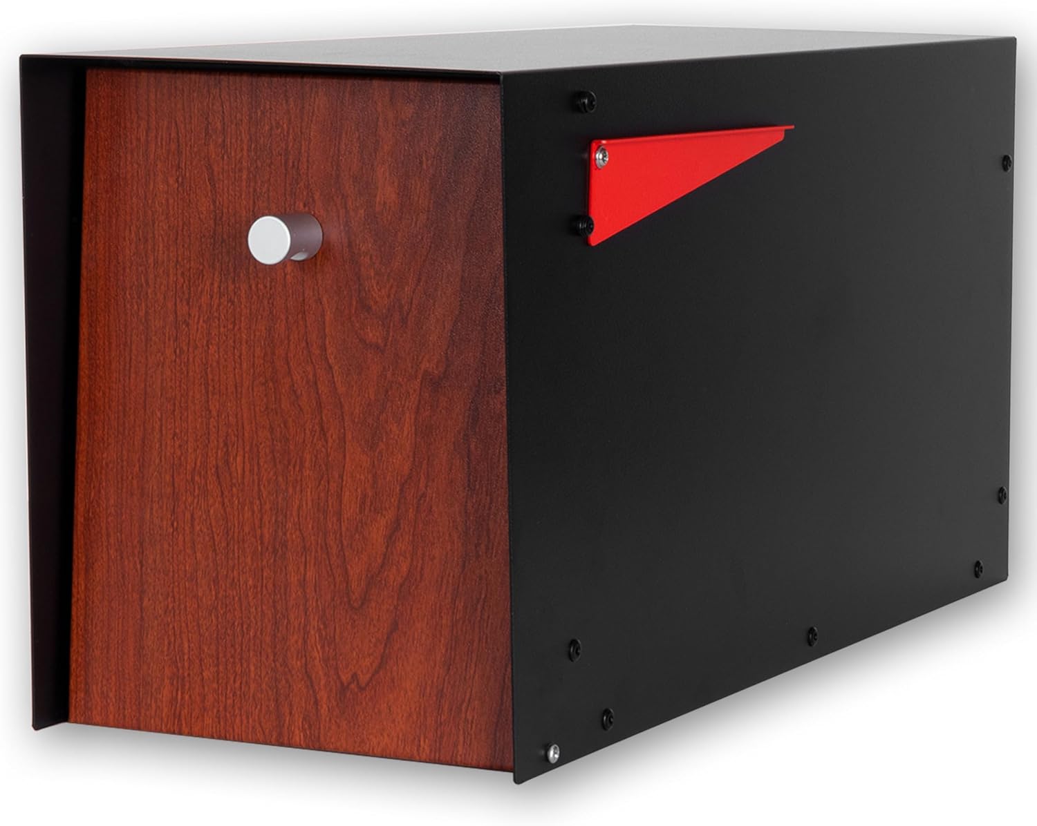 Ilyapa Post Mount Modern Mailbox - Black Exterior Powder Coated & Hydro Print Cherry Wood Grain Printed Door, Letterbox with Recessed Magnetic Close Door