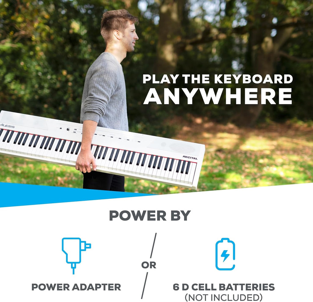 Alesis Recital White - 88 Key Digital Piano Keyboard with Semi-Weighted Keys, 2x20W Speakers, 5 Voices, Split, Layer and Lesson Mode, FX and Piano Lessons
