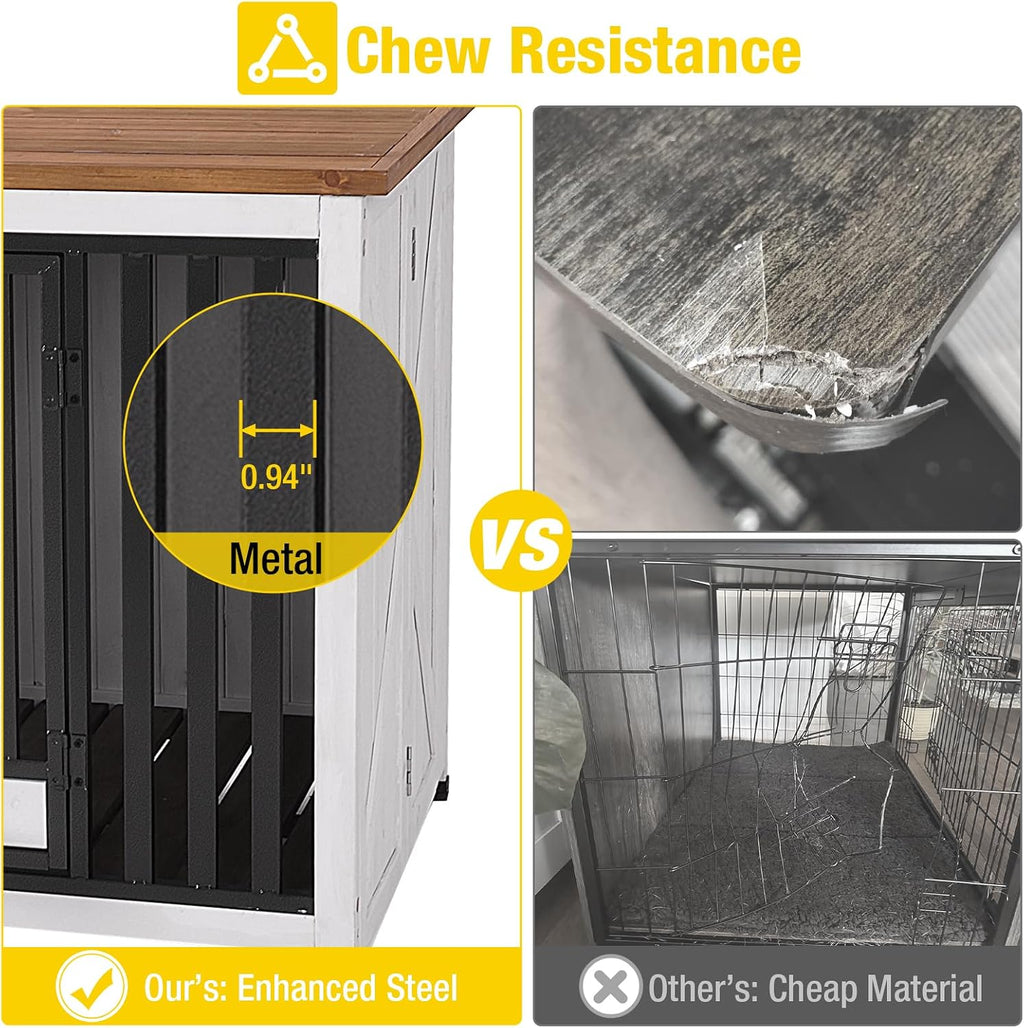 Aivituvin Dog Crate Furniture Foldable Side End Table Expandable Solid Wood Dog Kennel with 360° Rotatable Dog Bowls Indoor Cage, No Assembly Needed (Right Door Removable)