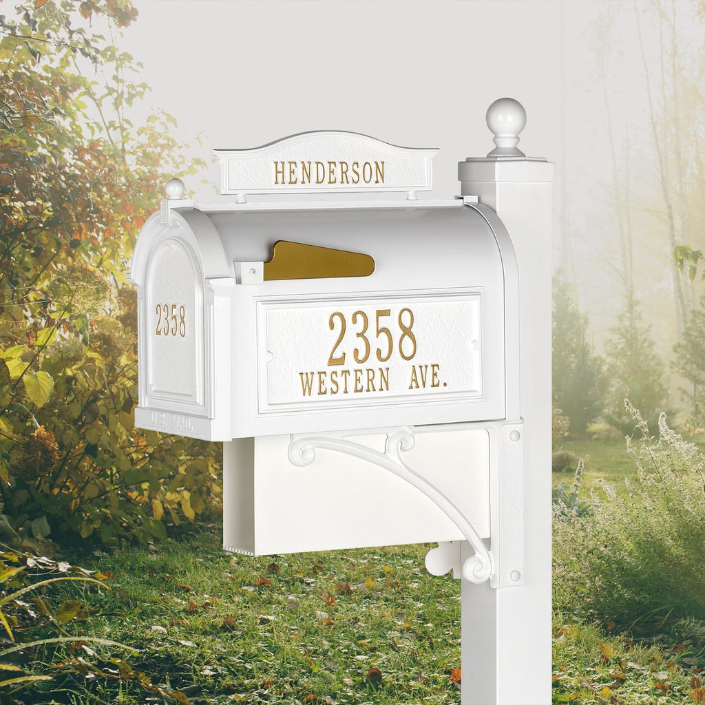 Whitehall Ultimate Mailbox Package, Personalized Large Mailbox with Post and Address Plaque for Outside - White/Gold