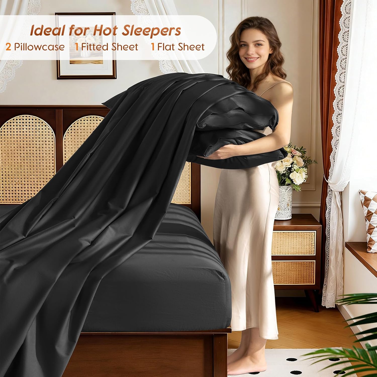 1200 Thread 100% Egyptian Cotton Sheet Sets Full Size 4 Pcs Bedding Set, Fitted Sheet Deep Pocket Up to 16' Soft Bed Sheet for All Season (Full, Black)