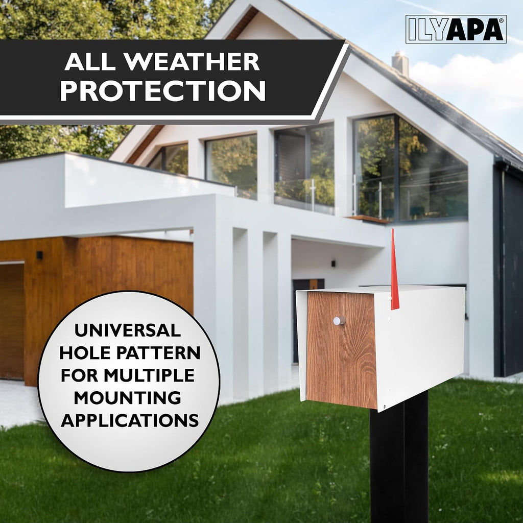 Ilyapa Knob Design Mailbox, White & Light Wood Grain, All Weather Powder Coated Steel Heavy Duty Curbside Welded Mailbox & Post
