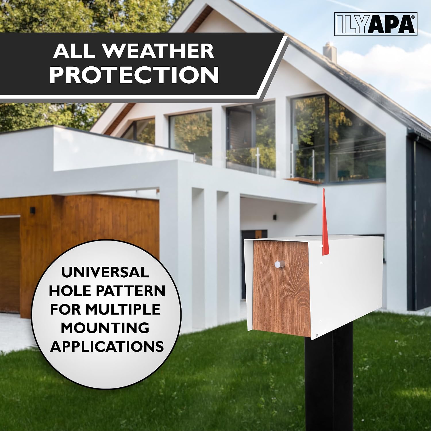 Ilyapa Knob Design Mailbox, White & Light Wood Grain, All Weather Powder Coated Steel Heavy Duty Curbside Welded Mailbox & Post