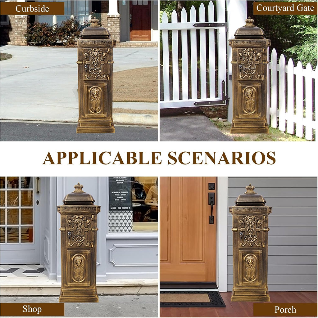 Vintage Large-Capacity Cast Aluminum Mailbox, Outdoor Weatherproof Floor Standing Postbox, Decorative Copper Finish Letter Box with Lock, Roman Column Design for Home Use (Copper)
