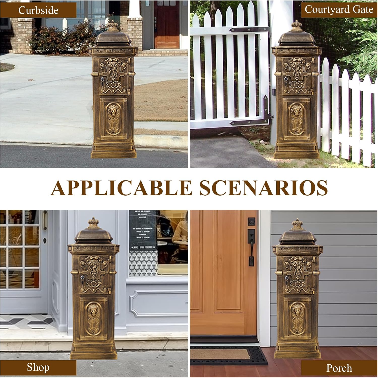 Vintage Large-Capacity Cast Aluminum Mailbox, Outdoor Weatherproof Floor Standing Postbox, Decorative Copper Finish Letter Box with Lock, Roman Column Design for Home Use (Copper)