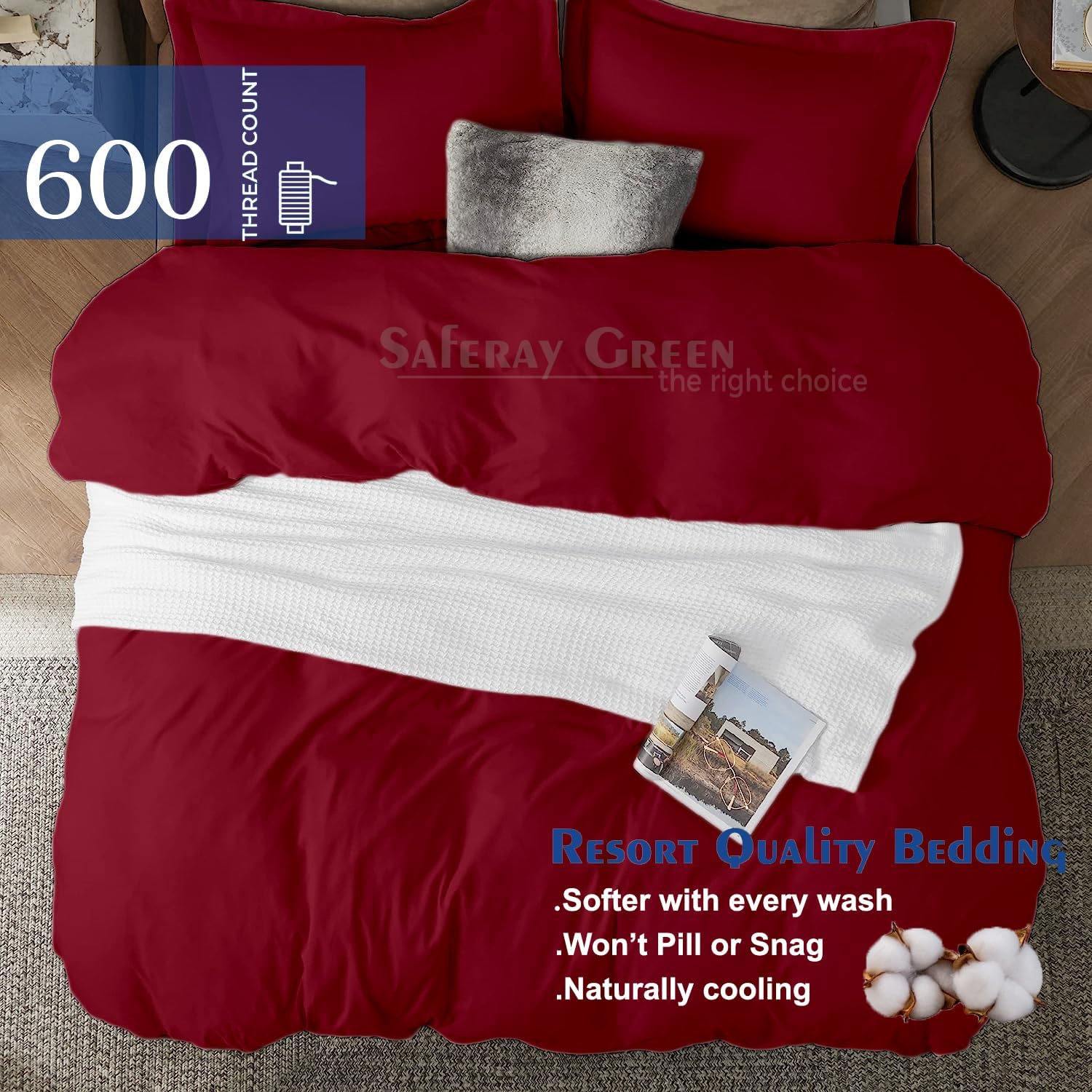 Burgundy Duvet Cover Set Oversized Queen Size 1 Duvet Cover with 2 Pillow Shams 3-Pc Comforter Cover with Zipper Closure & Corner Tie 100% Egyptian Cotton Cover (98x98 Inch, Burgundy)