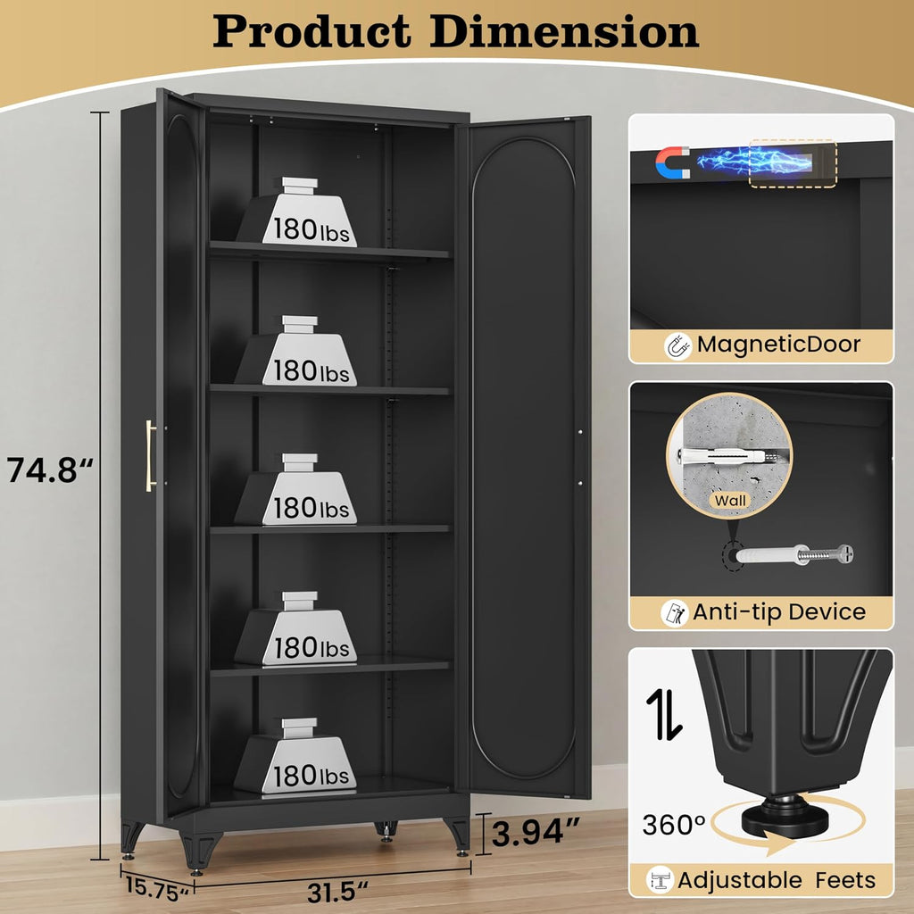 75' Tall Metal Storage Cabinet with 2 Doors and 4 Adjustable Shelves, 32'W x 16'D Heavy Duty Steel Pantry Cabinet for Kitchen, Garage, Home Office and Laundry Room, Cold-Rolled Steel, Black