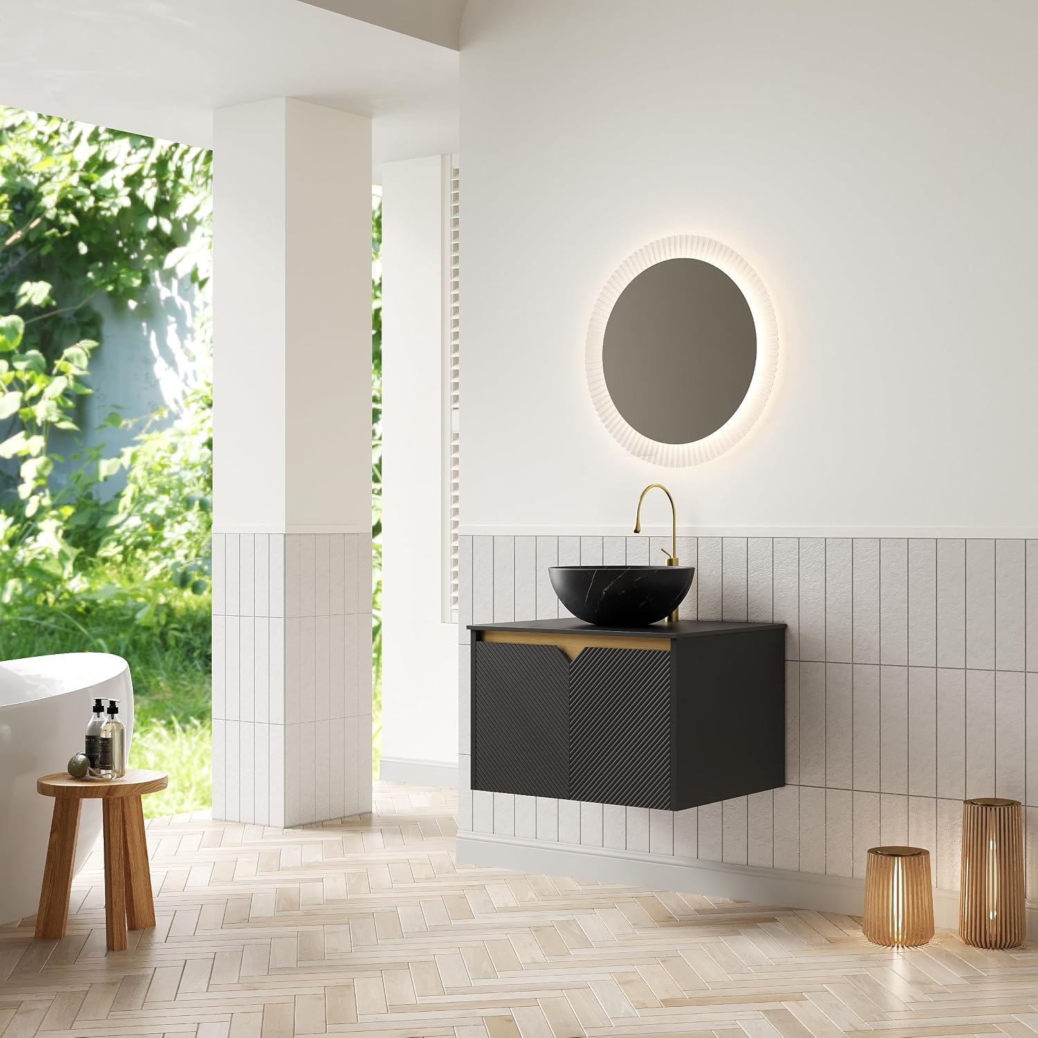 24 Inch Bathroom Vanity with Sink, Small Floating Fluted Vanity with Vessel Sink, Modern Wall Mounted Bathroom Vanity Cabinet with 2 Doors, Bowl Ceramic Sink & Sintered Stone Top, Black