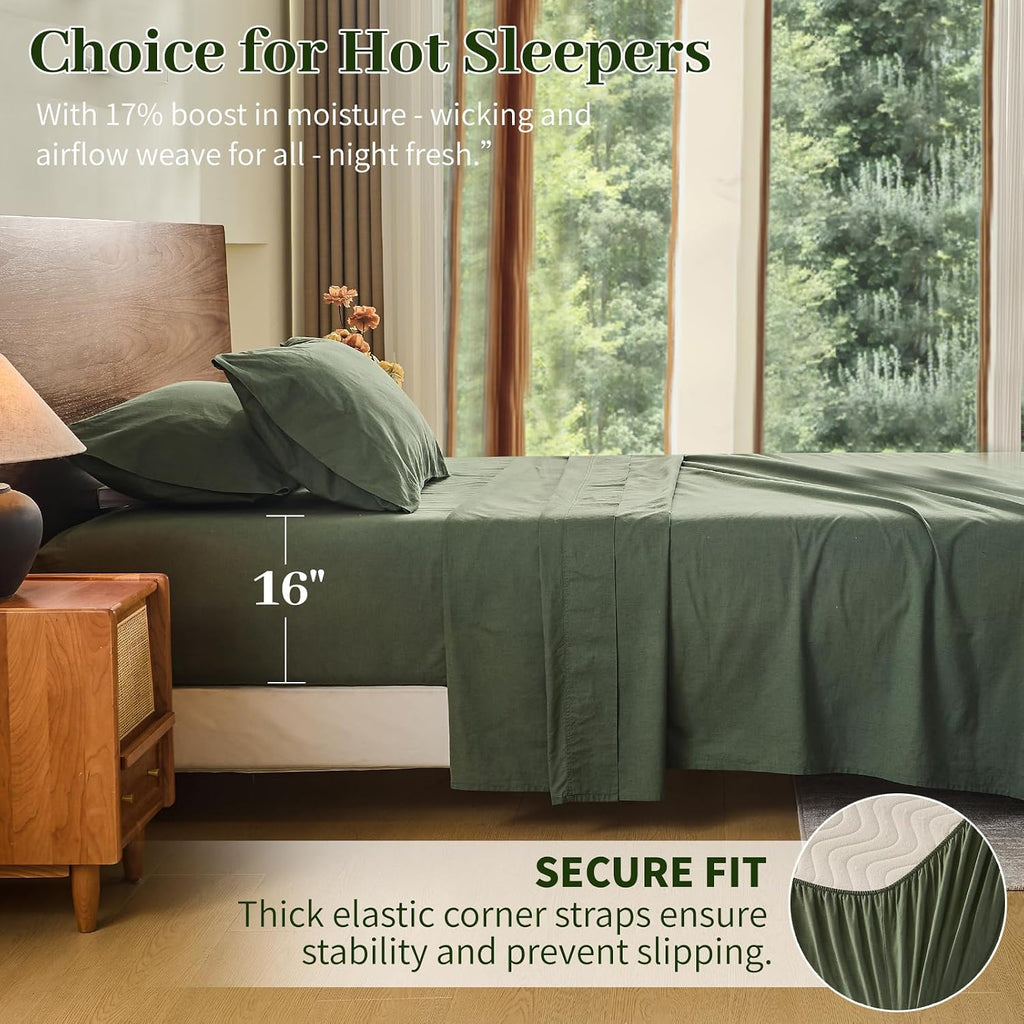MEISHANG 100% French Pure Linen Sheets Queen Size - Bed Sheets 4 Piece Sets, Soft Durable Flax Linen, Anti-Tear Breathable Oeko-Tex Certified with 16' Deep Pocket (Forest Green)