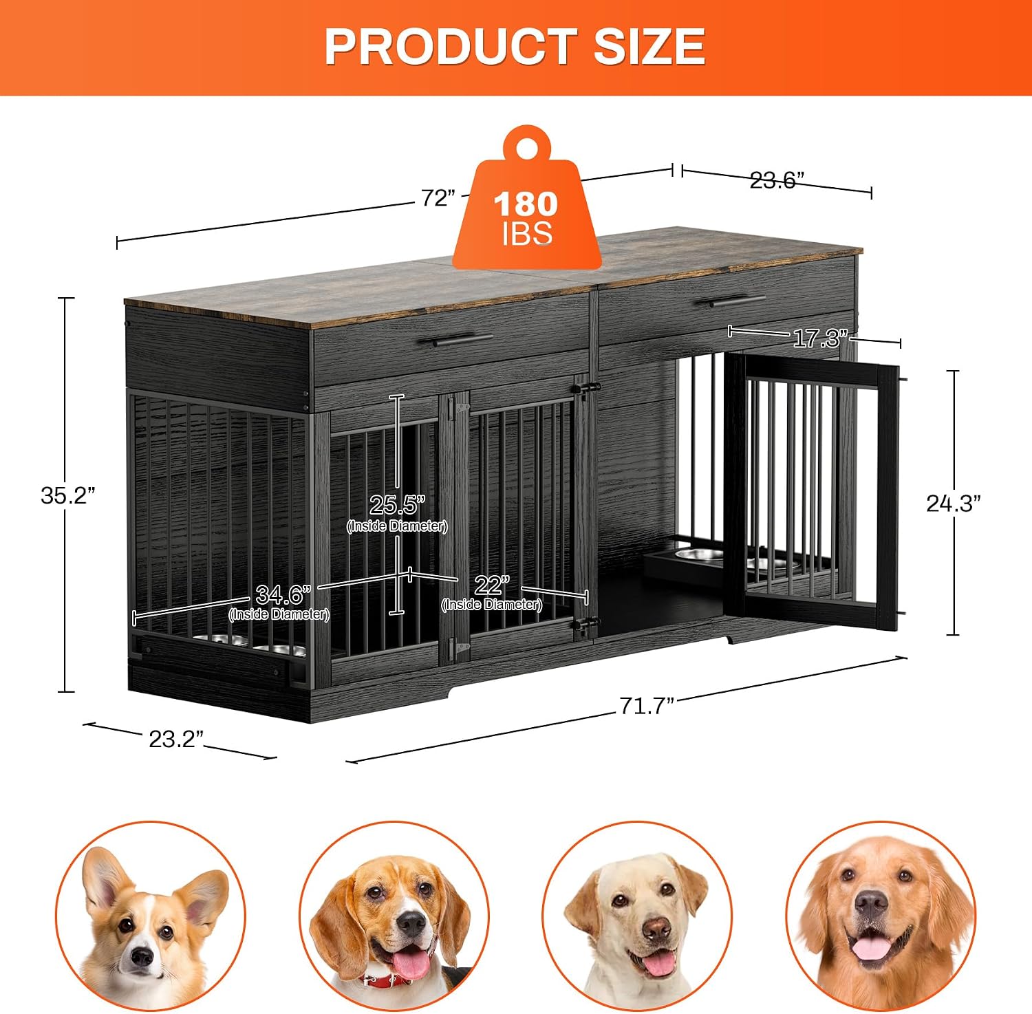 Rophefx 72' Dog Crate Furniture for 2 Dogs, Large Dog Kennel Furniture with 2 Storage Drawers and 4 Bowls, Wooden Dog Cage with Removable Divider, Indoor Dog House TV Stand for Medium Dog, Black