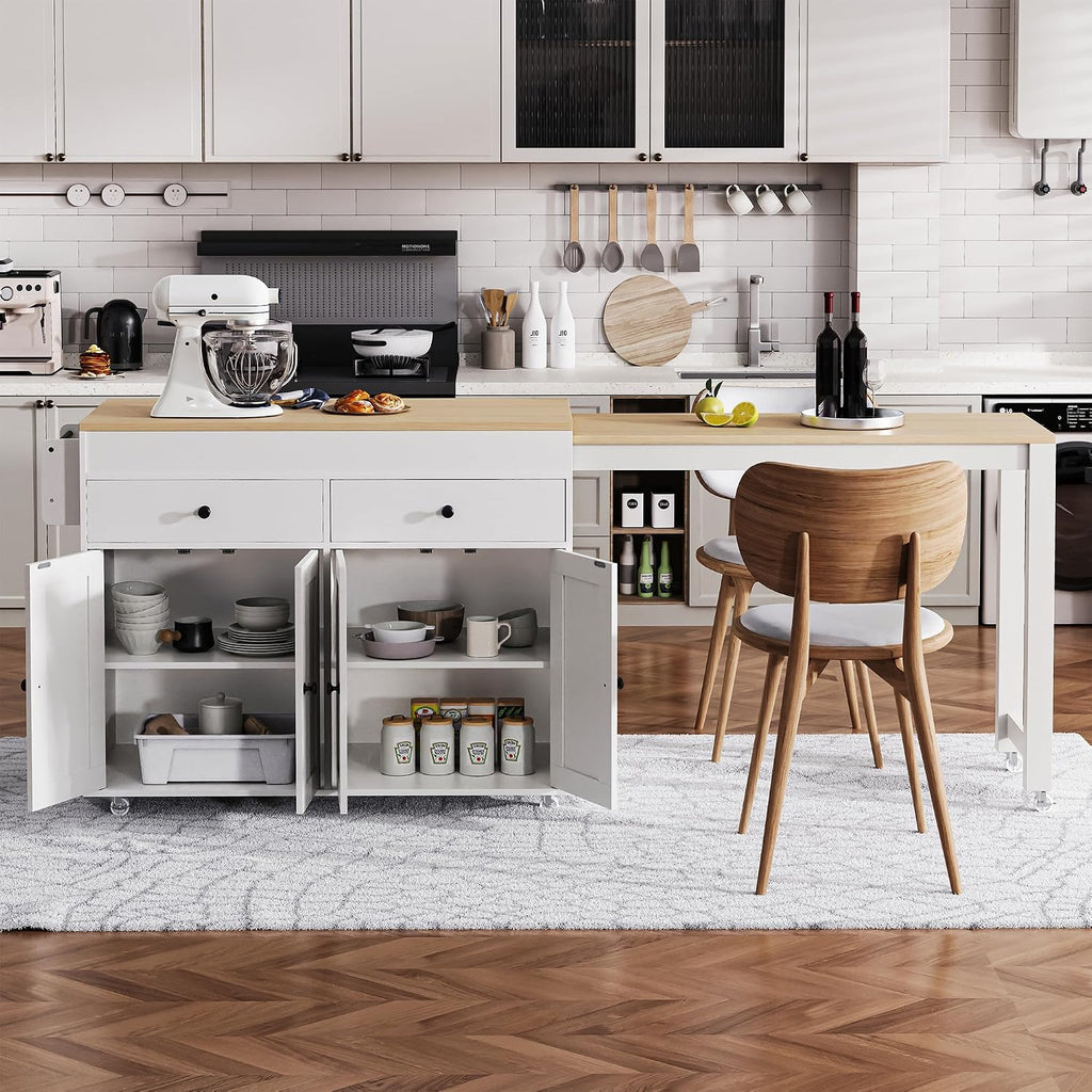RUNNA 74.5 inch Kitchen Island with Extendable Dining Table,Rolling Island on Wheels with Spice Rack and 2 Drawers,Kitchen Storage Cart with 4 Door Cabinet (Off White#009)