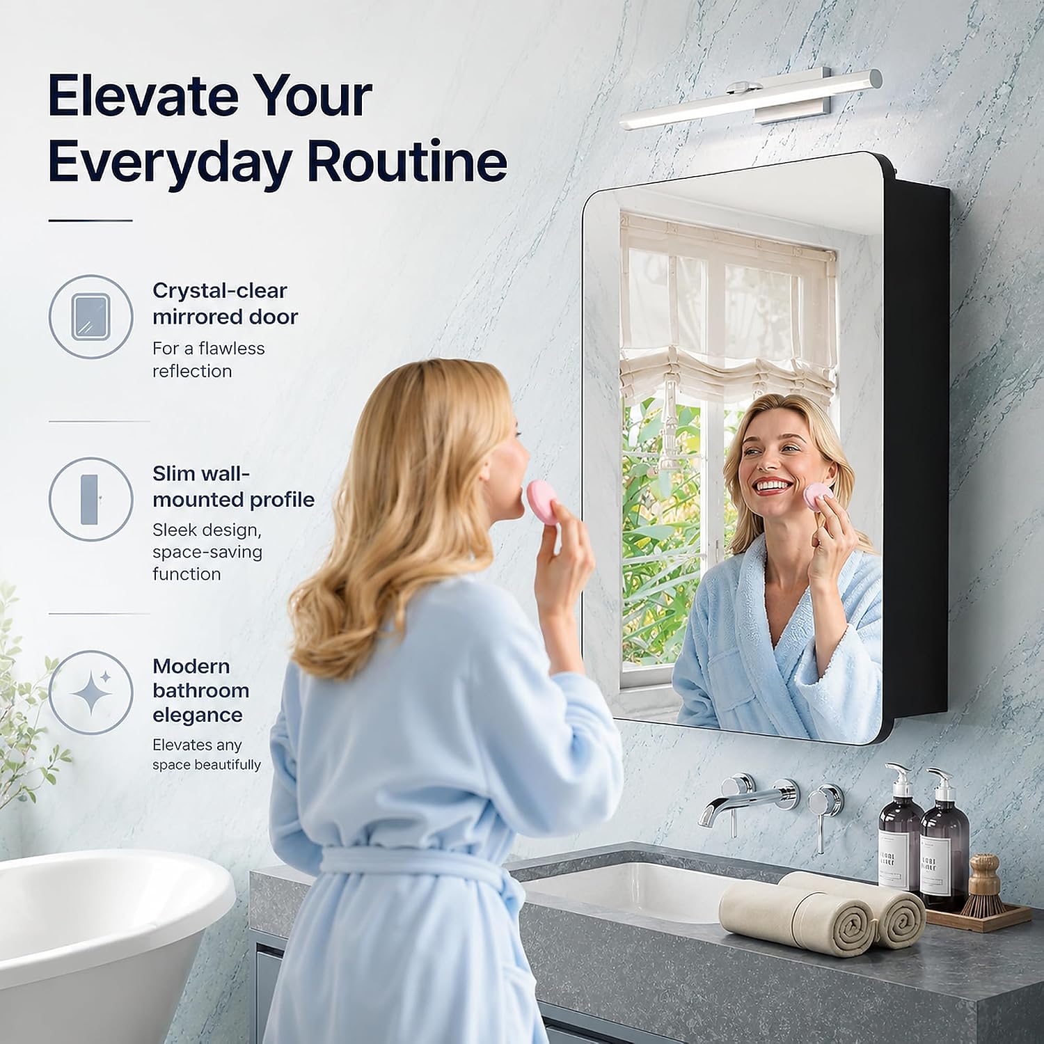 Modern Bathroom Mirror with Storage 16x24 Inch, Matte Black Aluminum Medicine Cabinet, Recessed or Surface Mount, 6 Adjustable Glass Shelves, Waterproof Vanity Organizer, DTC Hinges