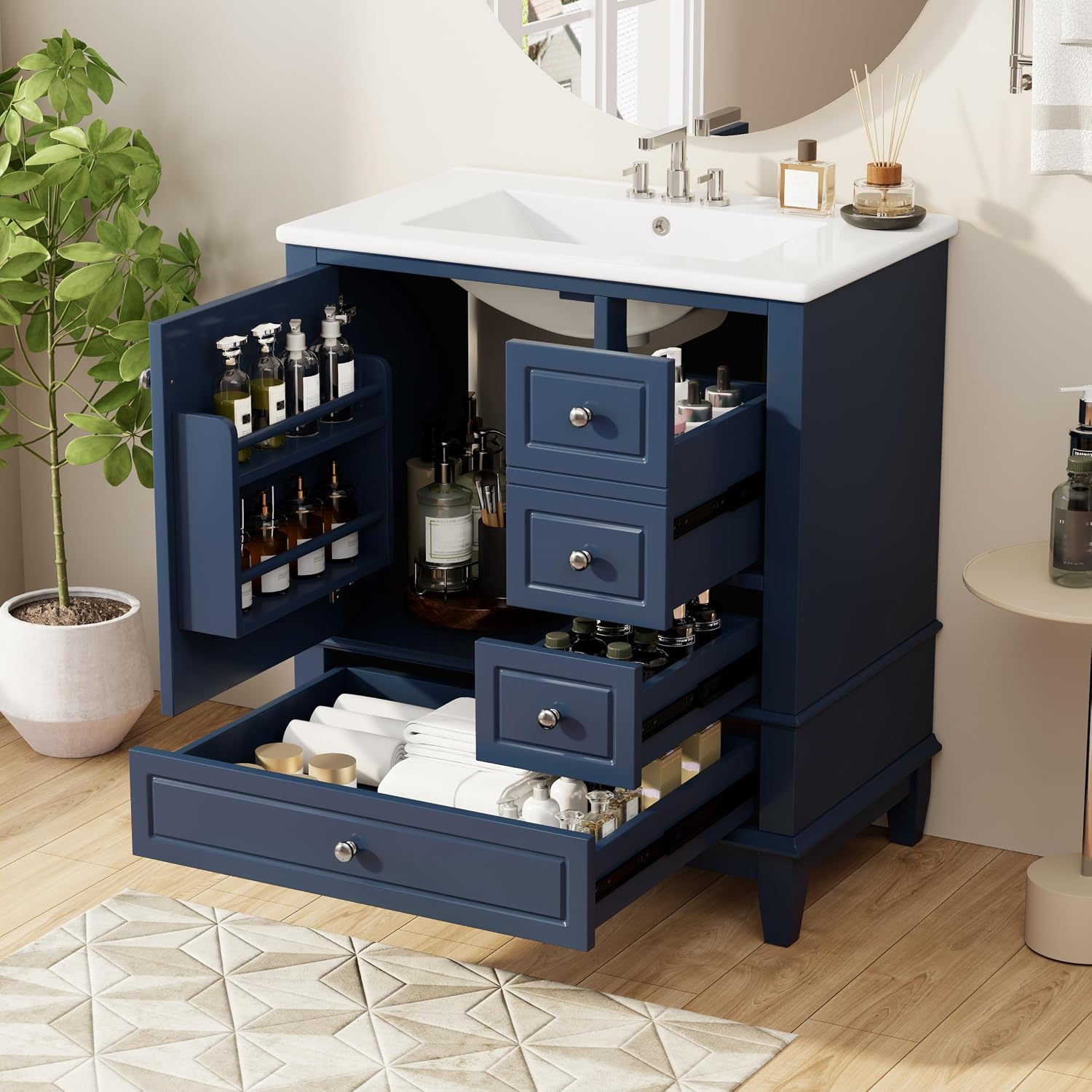 Harper & Bright Designs 30' Bathroom Vanity with Sink, Free Standing Single Basin Vanity Set with One Door and Three Drawers, Solid Wood Bathroom Cabinet with Ceramic Basin for Bathroom, Blue