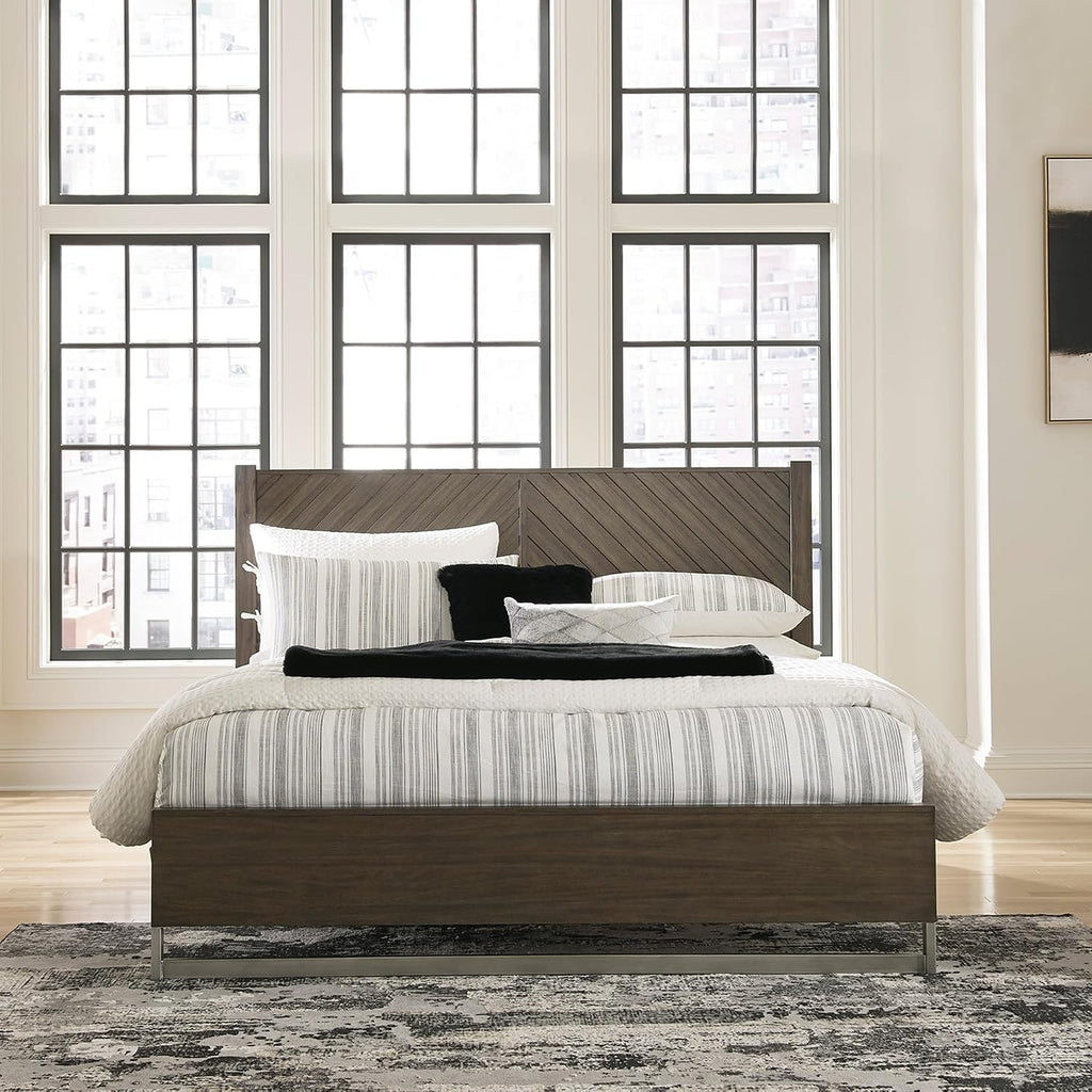 Signature Design by Ashley Arkenton Contemporary King Panel Bed with Dual USB Charging Ports, Foundation or Box Spring Needed, Dark Brown