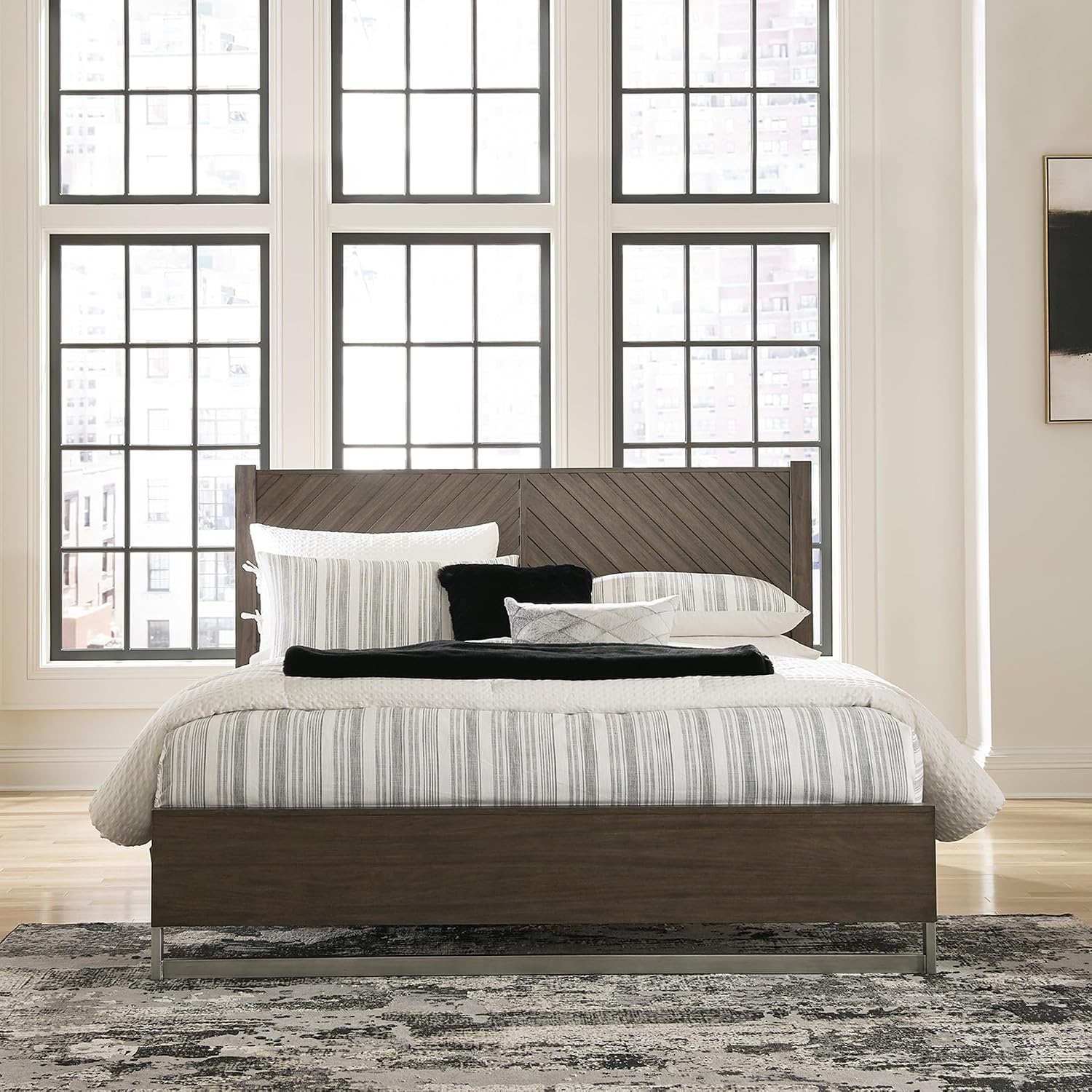 Signature Design by Ashley Arkenton Contemporary King Panel Bed with Dual USB Charging Ports, Foundation or Box Spring Needed, Dark Brown