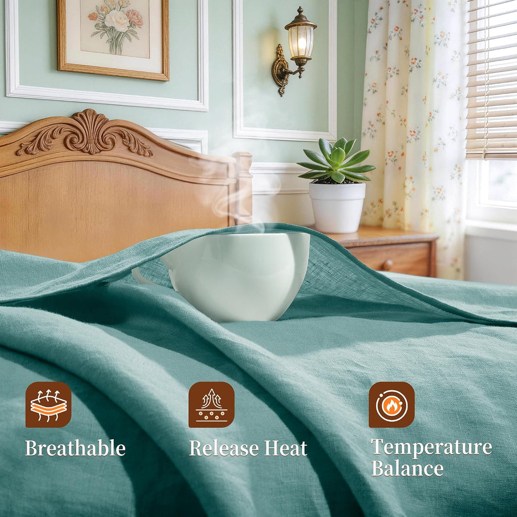 100% Pure Linen Sheet Set for Hot Sleepers, Breathable Natural Linen Sheets 4pcs, Bedding Set Deep Pocket Up to 16' Moisture-Wicking, Softens with Every Wash (Aqua Full)