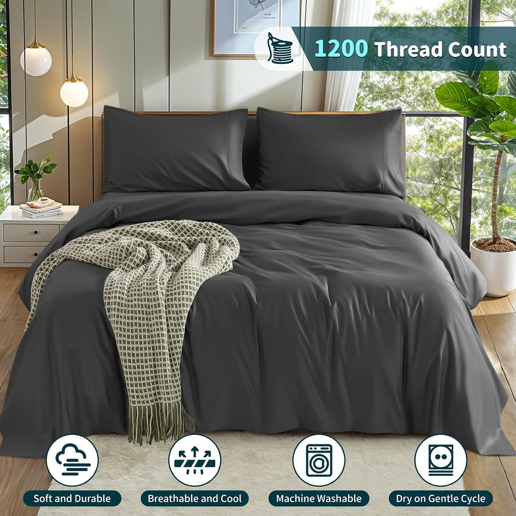 LBRO2M 100% Cotton 1200 Thread Count King Size Sheets Set,16 inches Deep Pocket,Bed Sheet 4 Piece Sets （Black, King ）