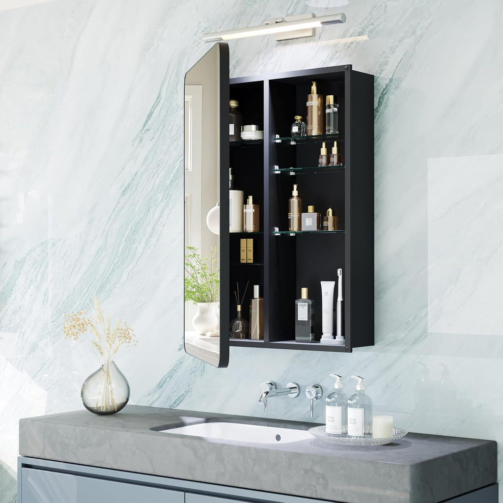 Black Medicine Cabinet with Mirror 16x20 Inch, Small Bathroom Wall Cabinet with Storage, Modern Matte Finish, 6 Adjustable Glass Shelves, Silent Soft Close, Rust Proof Aluminum Organizer