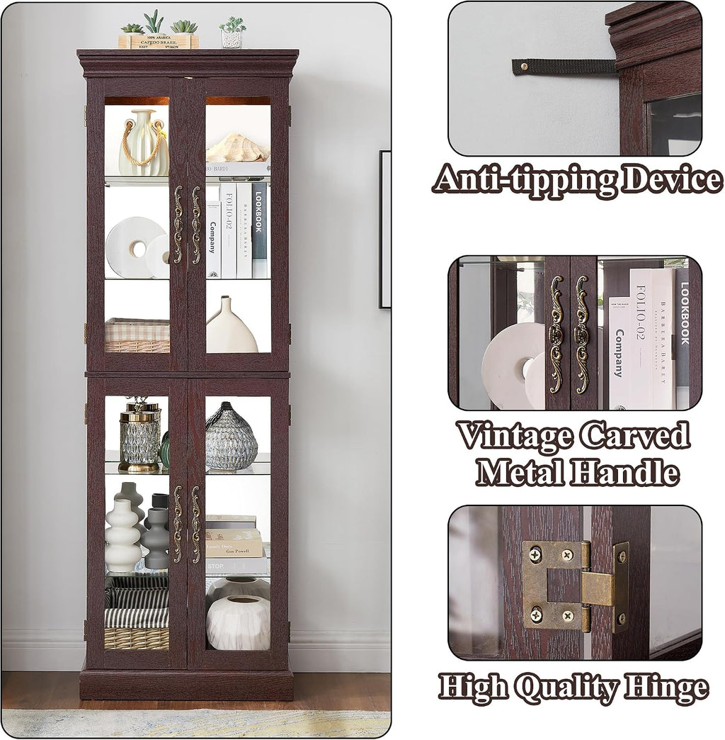 71' H Lighted Curio Cabinet Display Case, Glass Curio Cabinets with Adjustable Shelves and Tempered Glass Door, Wooden Cabinet w/Mirrored Back Pane for Living Room (Dark Cherry)