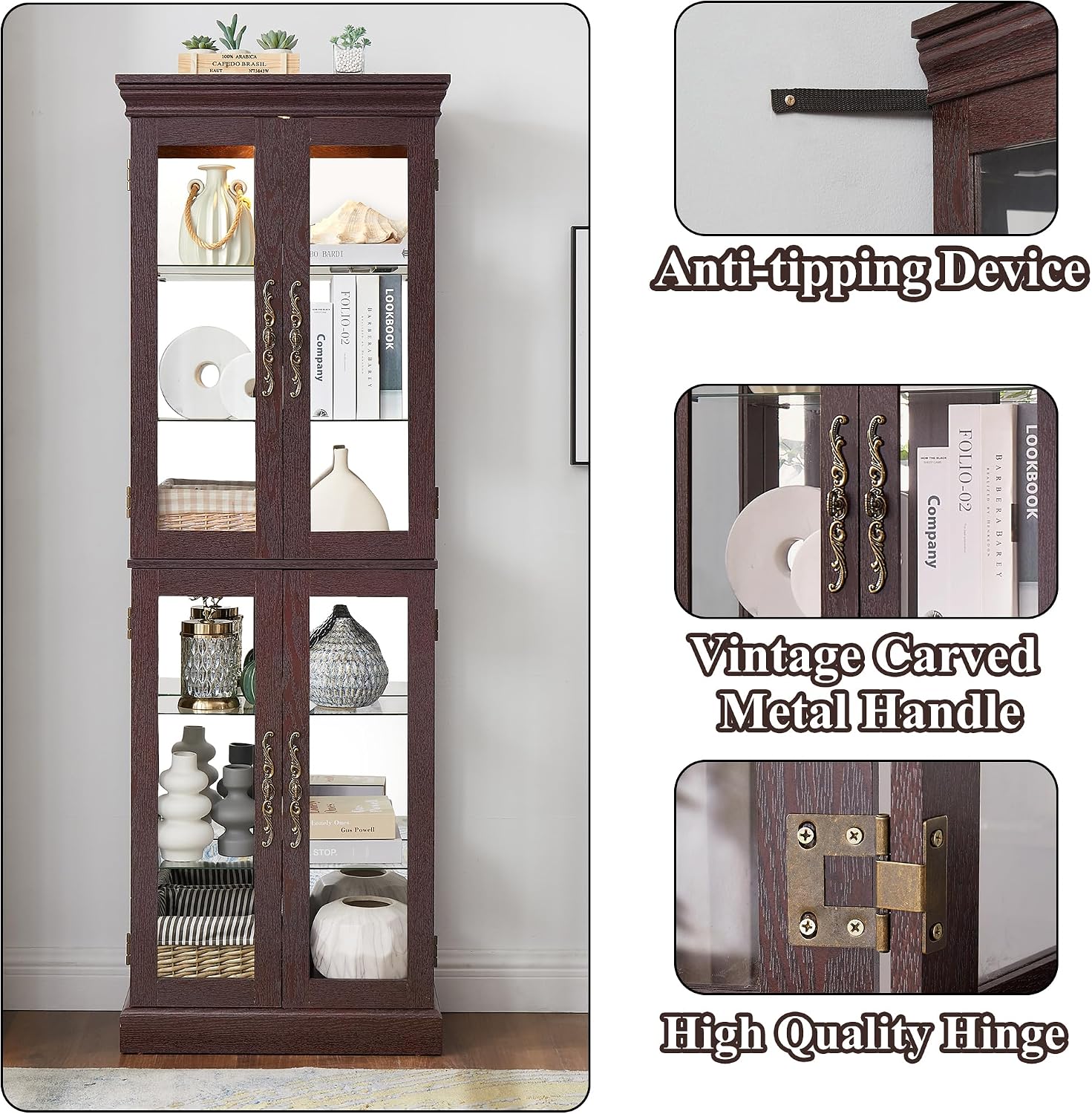 71' H Lighted Curio Cabinet Display Case, Glass Curio Cabinets with Adjustable Shelves and Tempered Glass Door, Wooden Cabinet w/Mirrored Back Pane for Living Room (Dark Cherry)