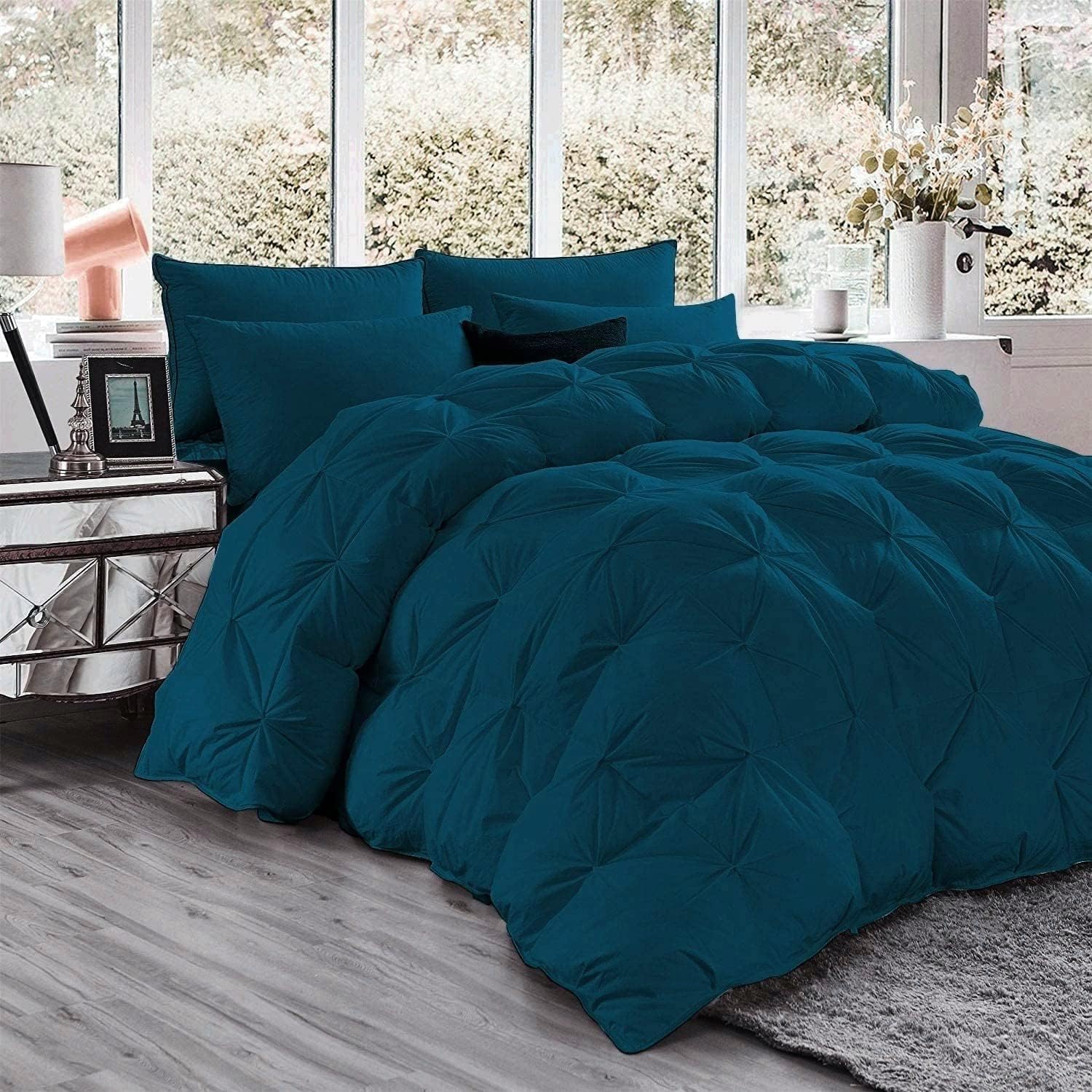 Pinch Pleated Soft 400 GSM All Season Teal 5 Piece Full Size Comforter Set (Comforter + 4 Pillowcases) 600 Series Egyptian Cotton Comforter Bedding Set