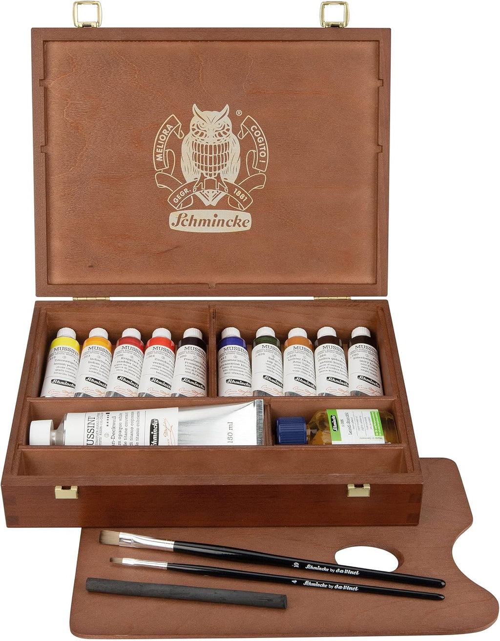 Schmincke - MUSSINI® Finest Resin Oil Colors Premium Wooden Box Oil Painting, 10 x 35 ml Set, 70 213 097, Walnut Tinted, White 150 ml