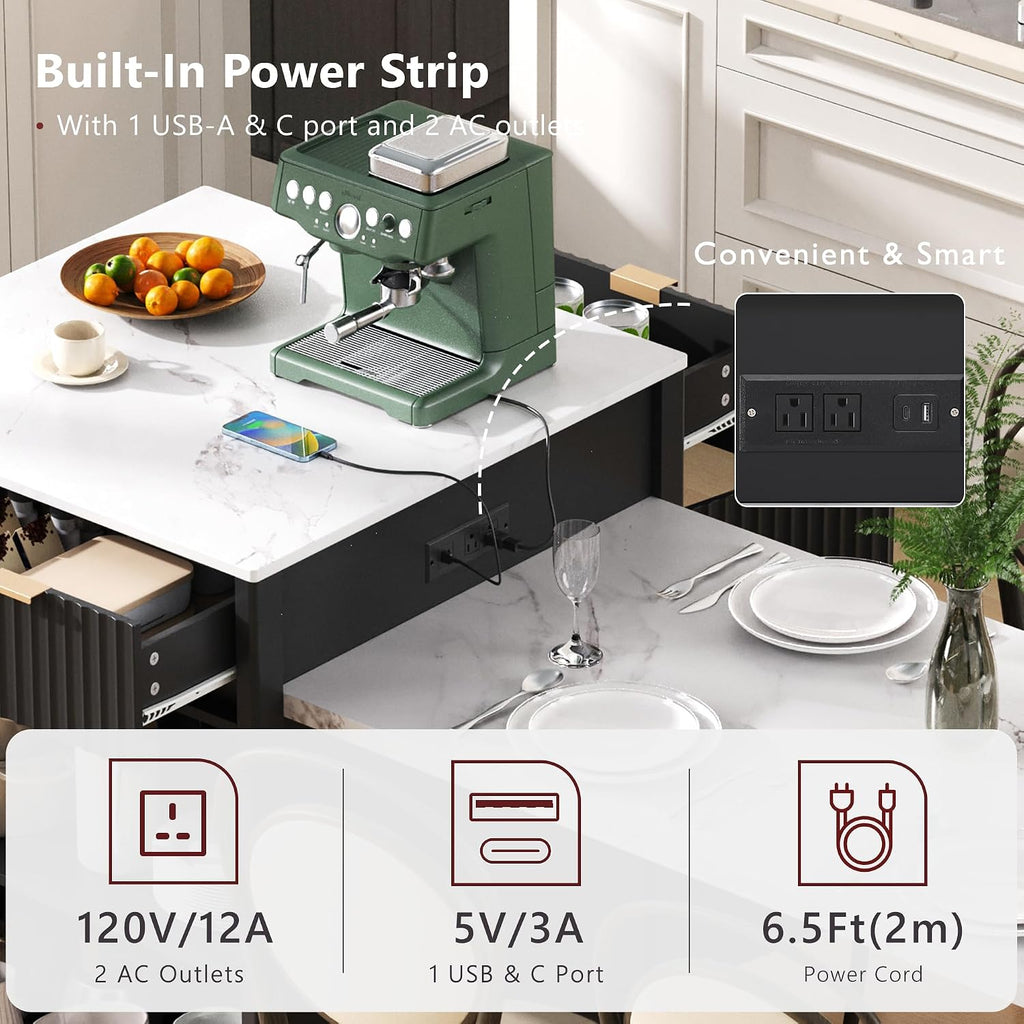 RUNNA 82.6' Fluted Kitchen Island with Extendable Dining Table for 4-6,Island Table for Kitchen with Power Outlet, Kitchen Table with Double-Side Storage, 2 Drawers 2 Side Open Shelves (Black#18)