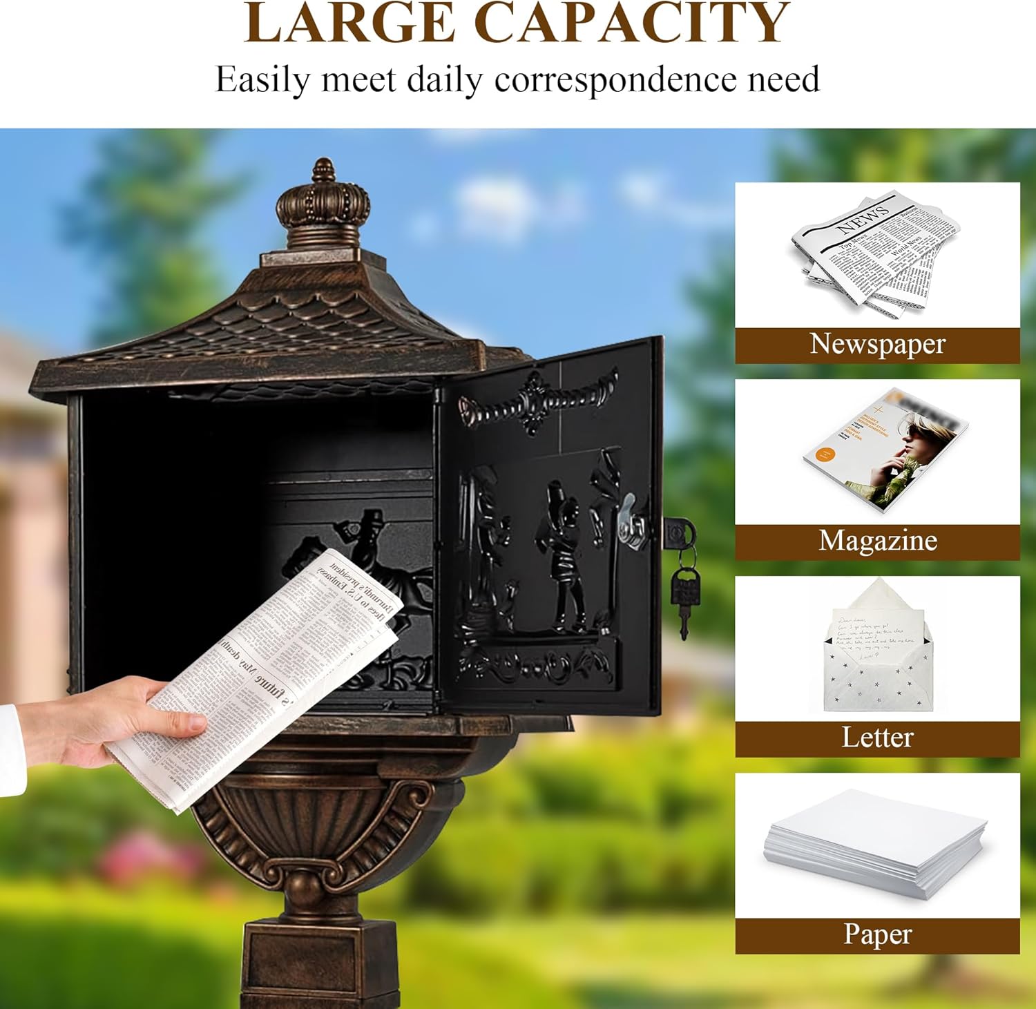 Mailbox, Heavy Duty Cast Aluminum Postal Box, Mail Box with 2 Keys for Courtyard Villa Decoration - Bronze
