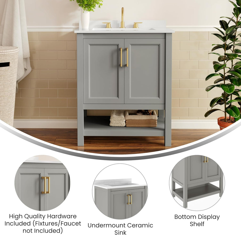 Flash Furniture Vega 30 Inch Bathroom Vanity with Sink Combo, Storage Cabinet with Soft Close Doors and Open Shelf, Carrara Marble Finish Countertop, Gray/White