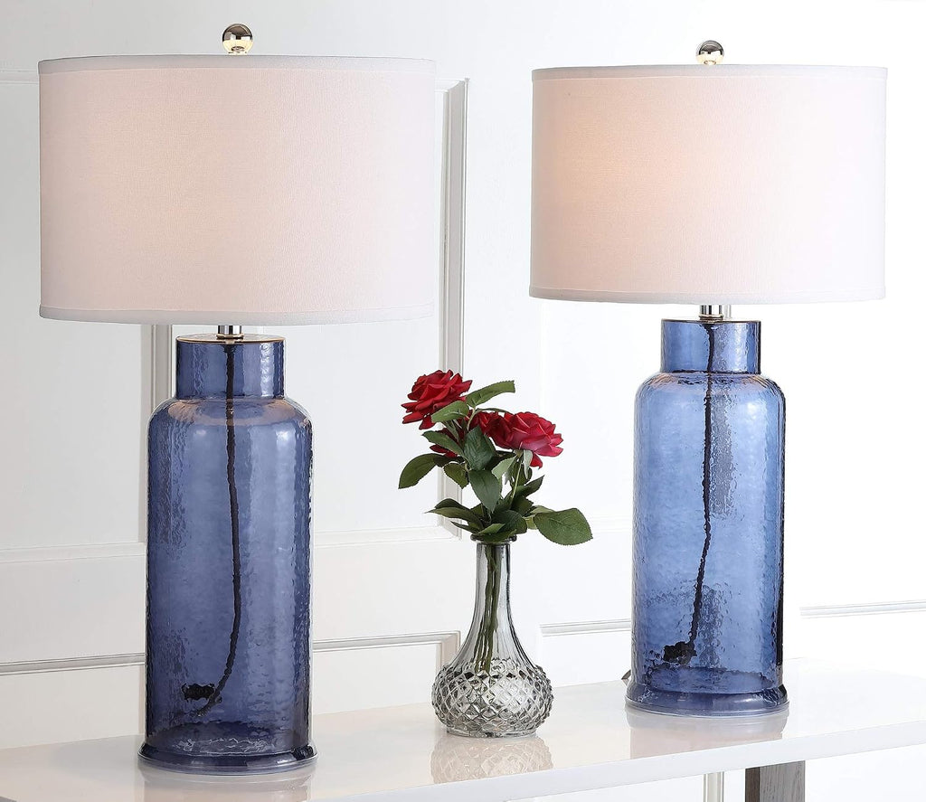 SAFAVIEH Lighting Collection – Set of 2 Glass Bottle Blue 30-Inch Table Lamps, LED Bulbs Included, Coastal Bedroom Living Room Home Office (LIT4157C-SET2)