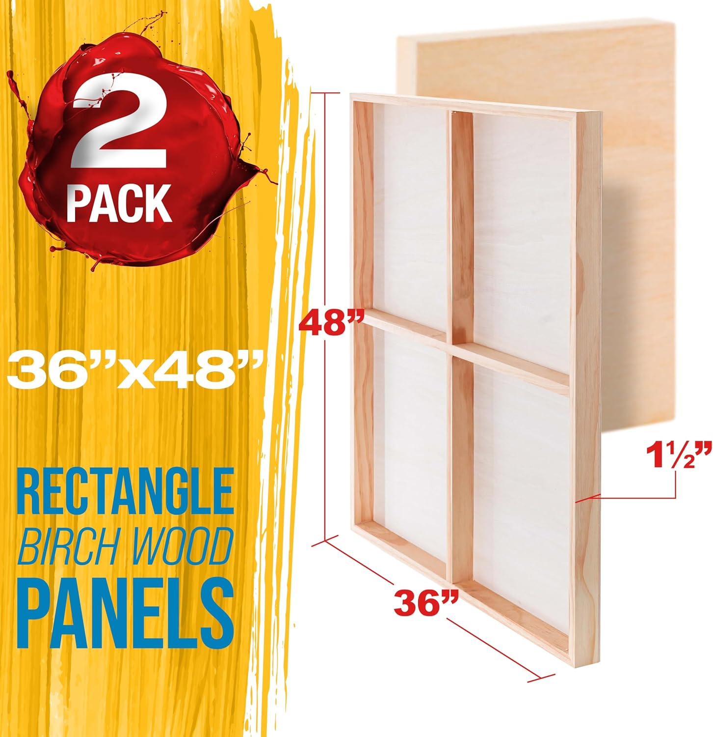 U.S. Art Supply 36' x 48' Unfinished Cradled Wood Panels for Painting, Gallery 1-1/2' Deep (2 Pack) - Artist Depth Wooden Wall Canvases - Mixed-Media Craft, Acrylic, Oil, Encaustic, Paint Pouring