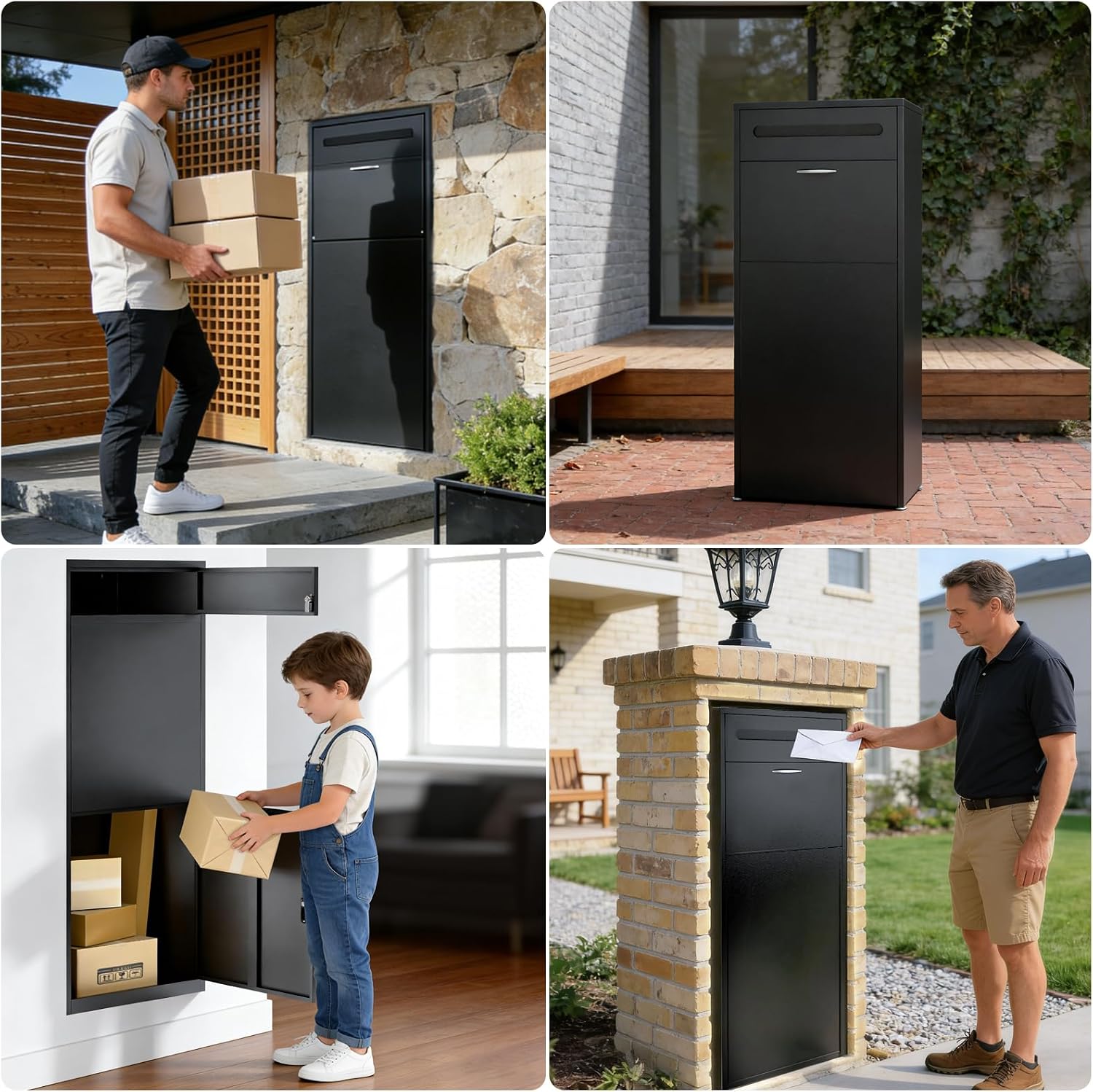 47.2' Package Delivery Box for Outside - Front-Back Black Metal Parcel Drop Box, Anti-Theft, IPX4 Waterproof, Weather-Resistant Mailbox for Porch, Fence, Curbside (Pass-Through Mailbox)