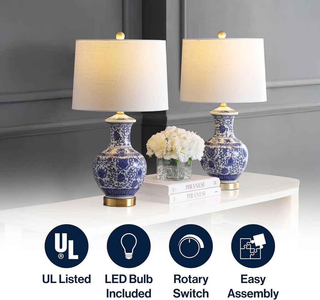 JONATHAN Y 25.25' Blue/White Ceramic Ginger Jar Table Lamp Set of 2, Traditional Brass Gold Base for Living Room Bedroom, White Linen Drum Shade, LED Bulbs Included JYL1072A-SET2