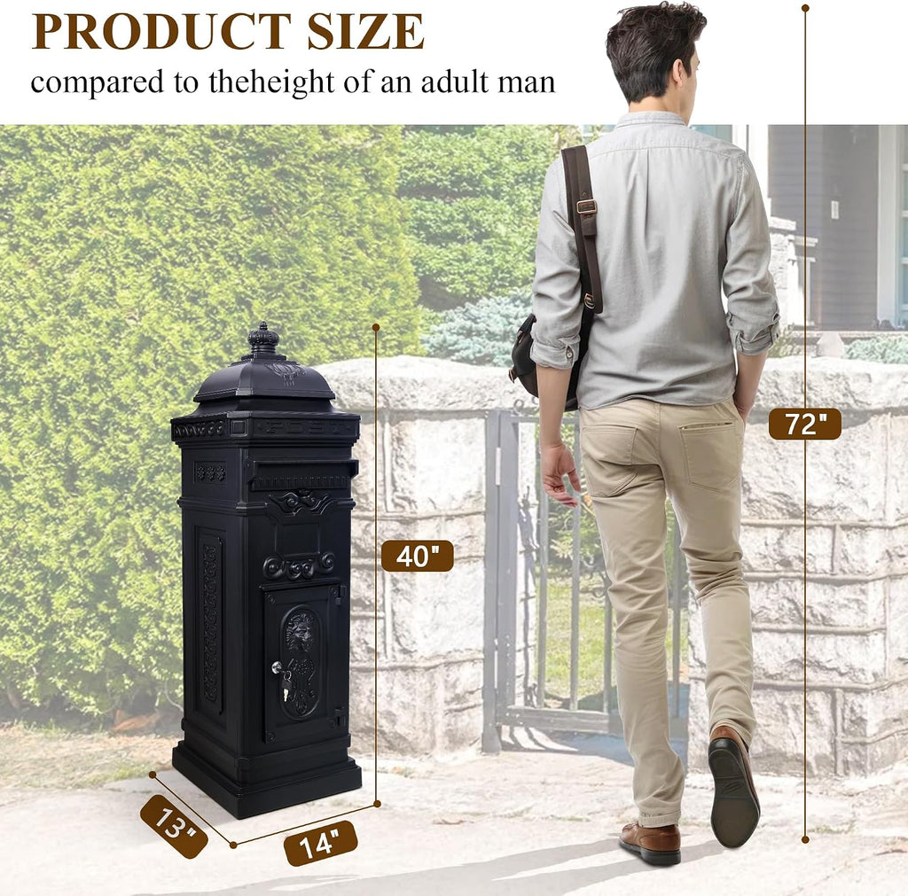 Vintage Large-Capacity Cast Aluminum Mailbox, Outdoor Weatherproof Floor Standing Postbox, Decorative Copper Finish Letter Box with Lock, Roman Column Design for Home Use (Black)