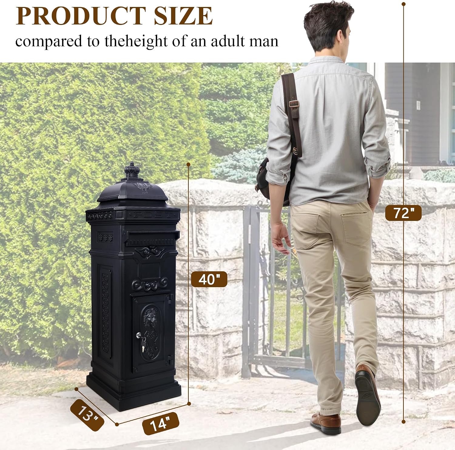Vintage Large-Capacity Cast Aluminum Mailbox, Outdoor Weatherproof Floor Standing Postbox, Decorative Copper Finish Letter Box with Lock, Roman Column Design for Home Use (Black)