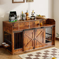 63' Double Dog Crate Furniture – Wooden Dog Kennel Indoor with Sliding Doors, Adjustable Bowls & Storage Drawers – Large Dog Crate TV Stand for 2 Dogs, Burnt Wood Color