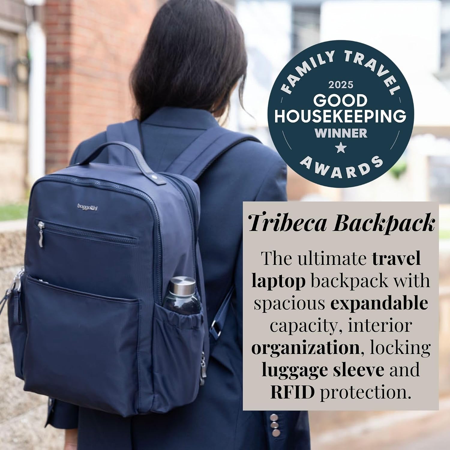 Baggallini Tribeca Expandable Laptop Backpack - 15'x11' Lightweight RFID Computer Bag for Work & Travel with Luggage Sleeve